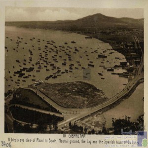 Gibraltar - a bird\'s eye view of road to Spain, neutral ground, the bay and the Spanish town of La Linea