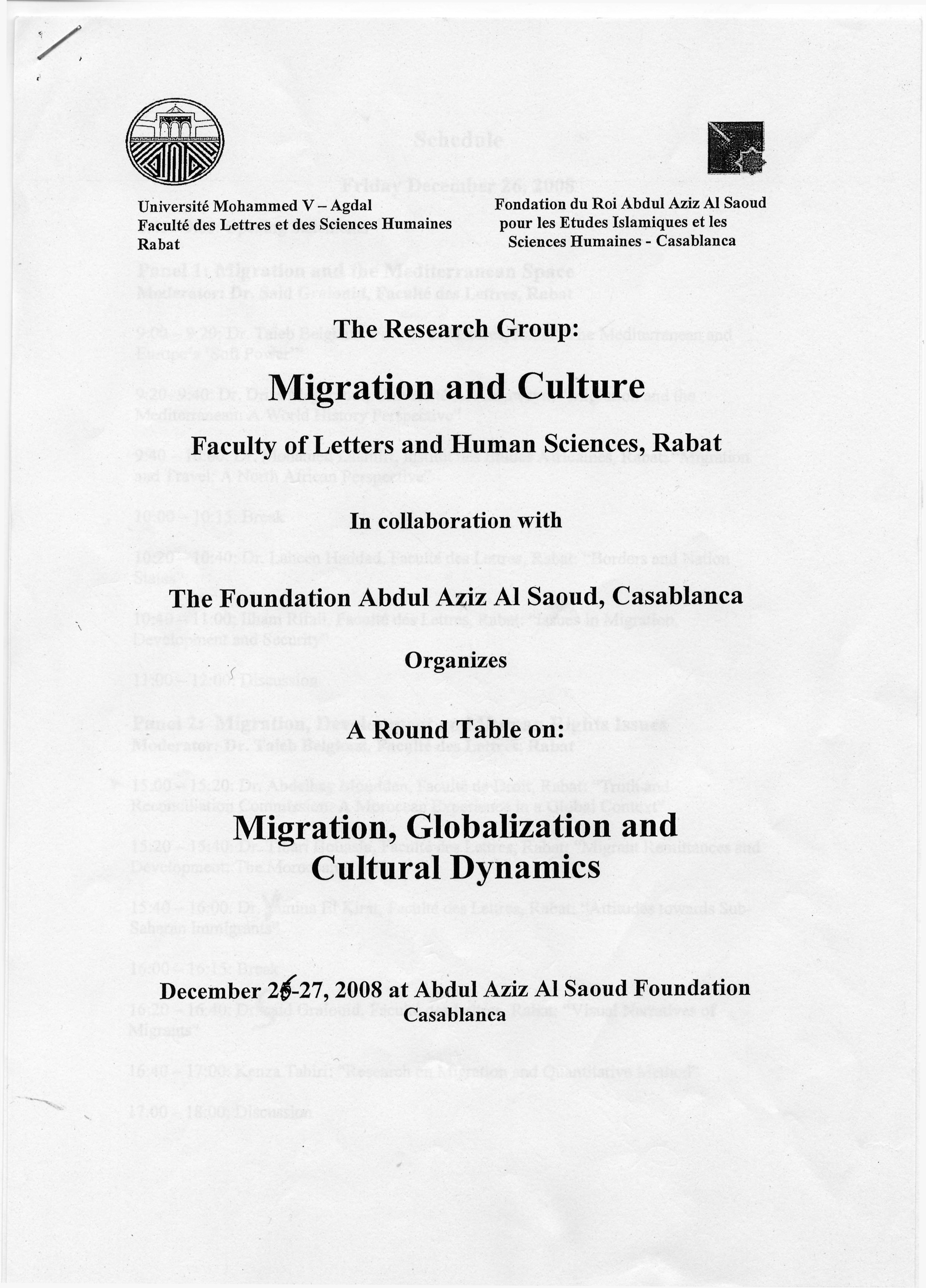 Migration, mondialisation et dynamique culturelle (Casablanca, 26 et 27 décembre 2008)